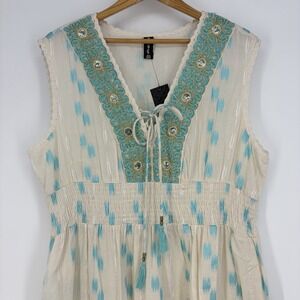 Anthropologie Me 2 Magic Maxi Dress 3X Large Boho Embroidery Metallic Blue Aqua